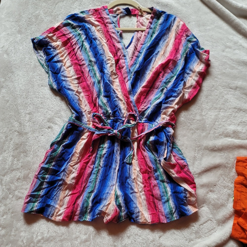 Bebop Womens XL Striped Summer Romper Multi-Color Tie Waist Pockets Summer